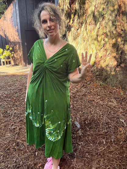 Green Meadows Twist Front Tee Dress – Handmade Batik Artist Dress Batikwalla by Victoria 3XL 