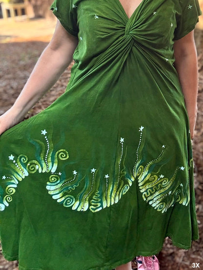 Green Meadows Twist Front Tee Dress – Handmade Batik Artist Dress Batikwalla by Victoria 