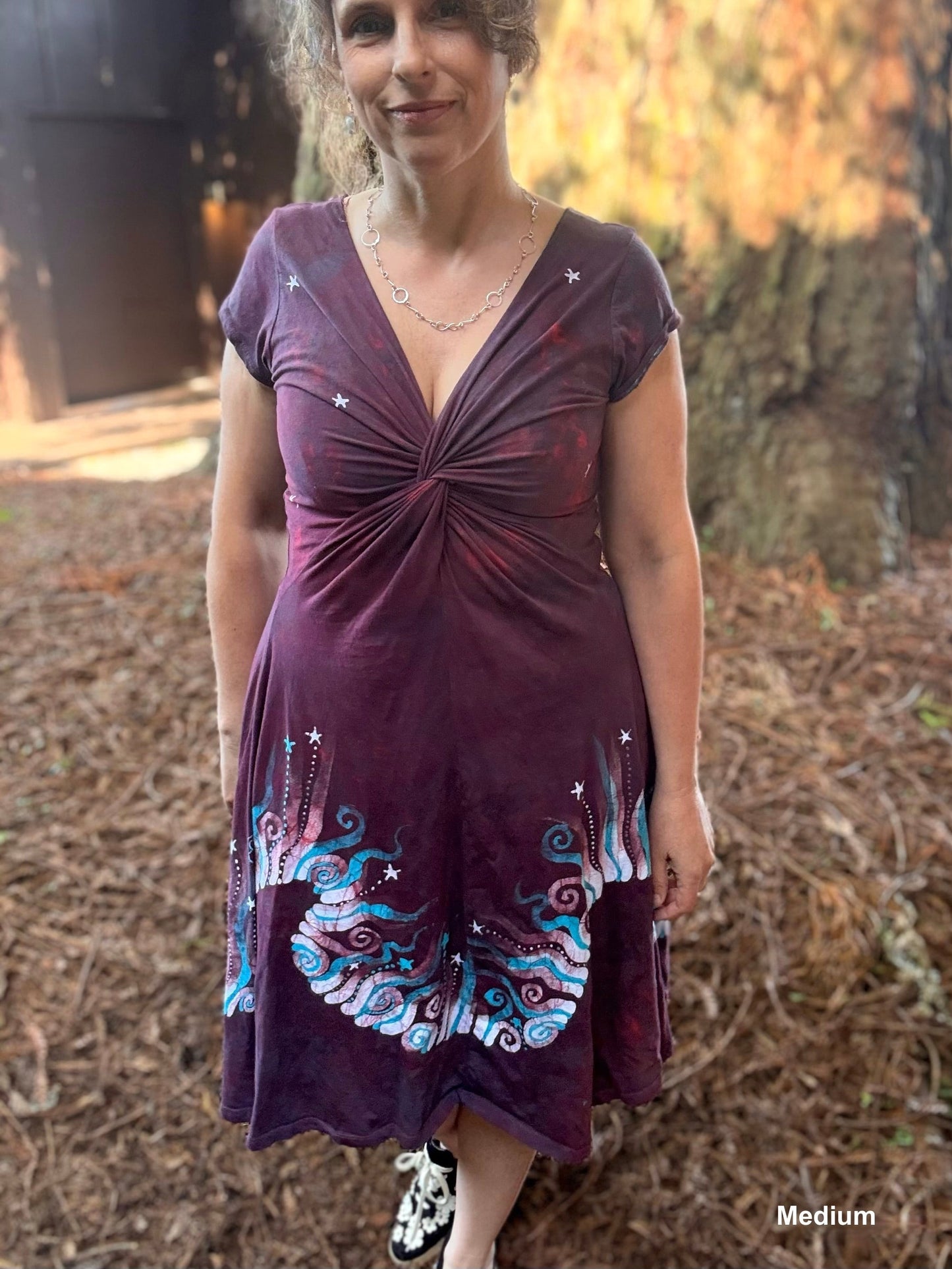 Starlit Currents Twist Front Tee Dress – Handmade Batik Artist Dress Batikwalla by Victoria 