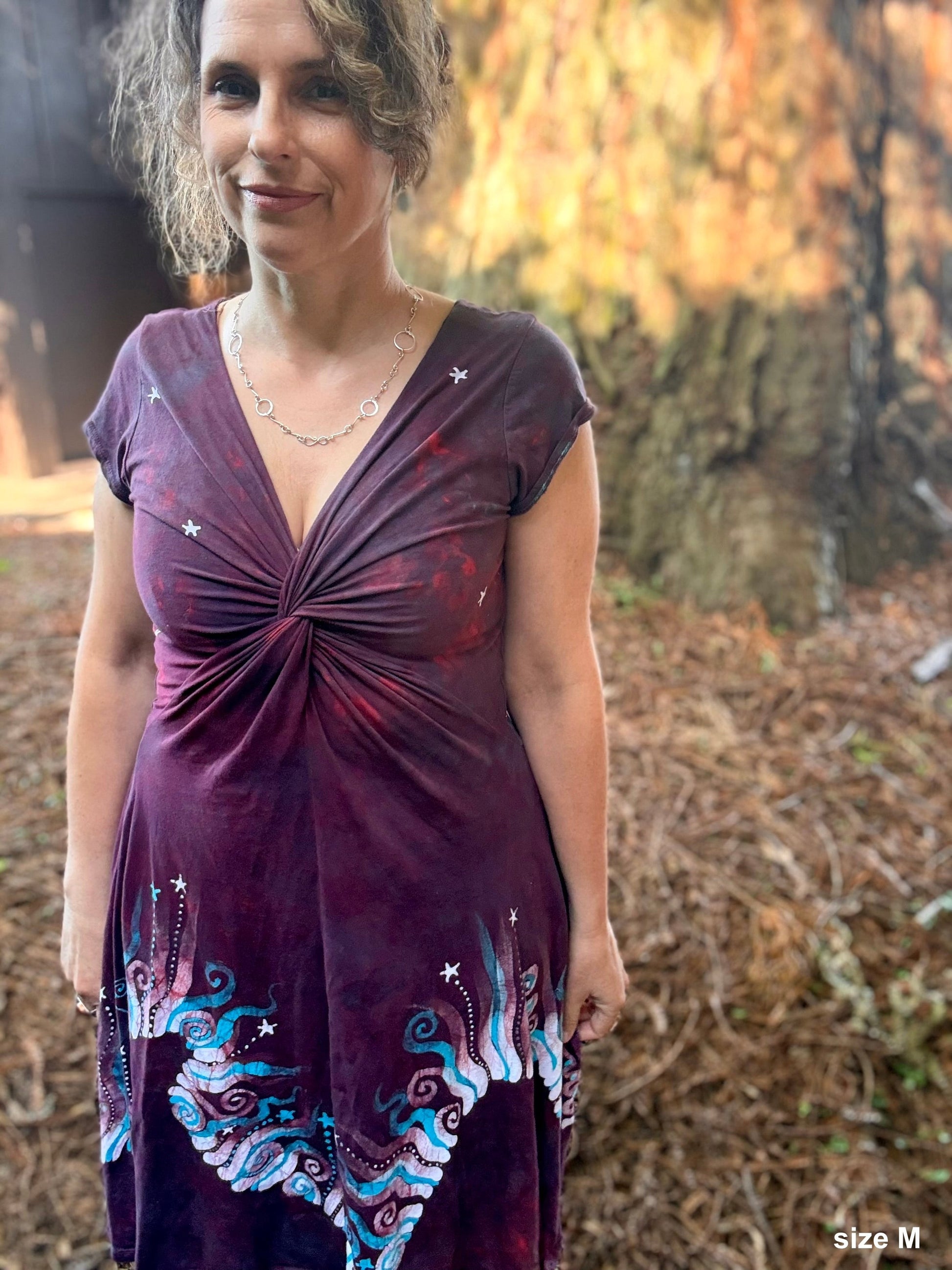 Starlit Currents Twist Front Tee Dress – Handmade Batik Artist Dress Batikwalla by Victoria Medium 