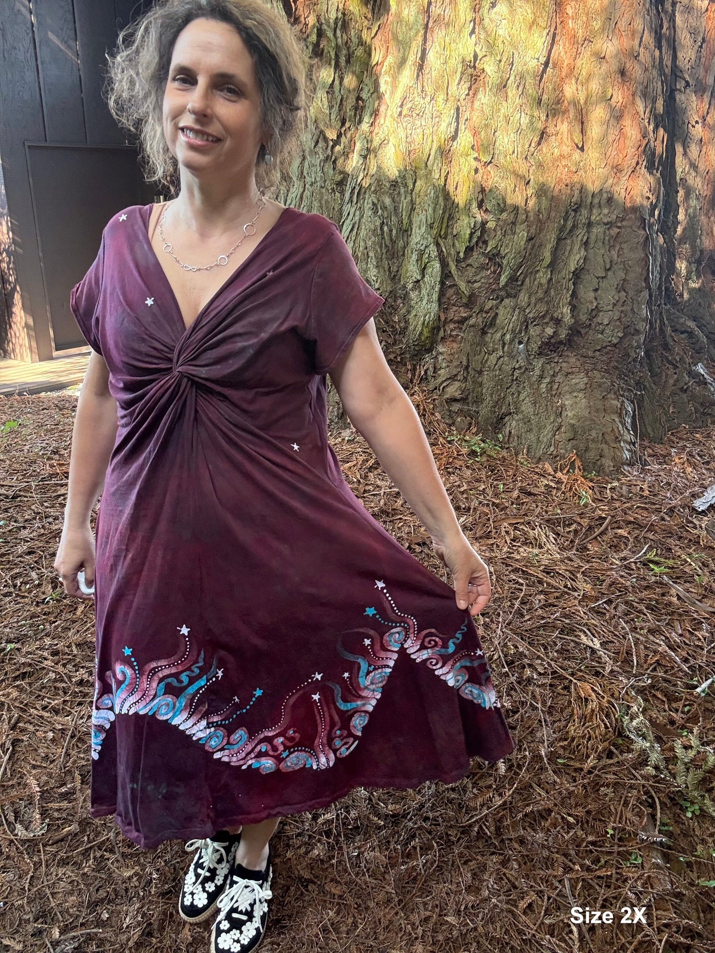 Starlit Currents Twist Front Tee Dress – Handmade Batik Artist Dress Batikwalla by Victoria 2XL 