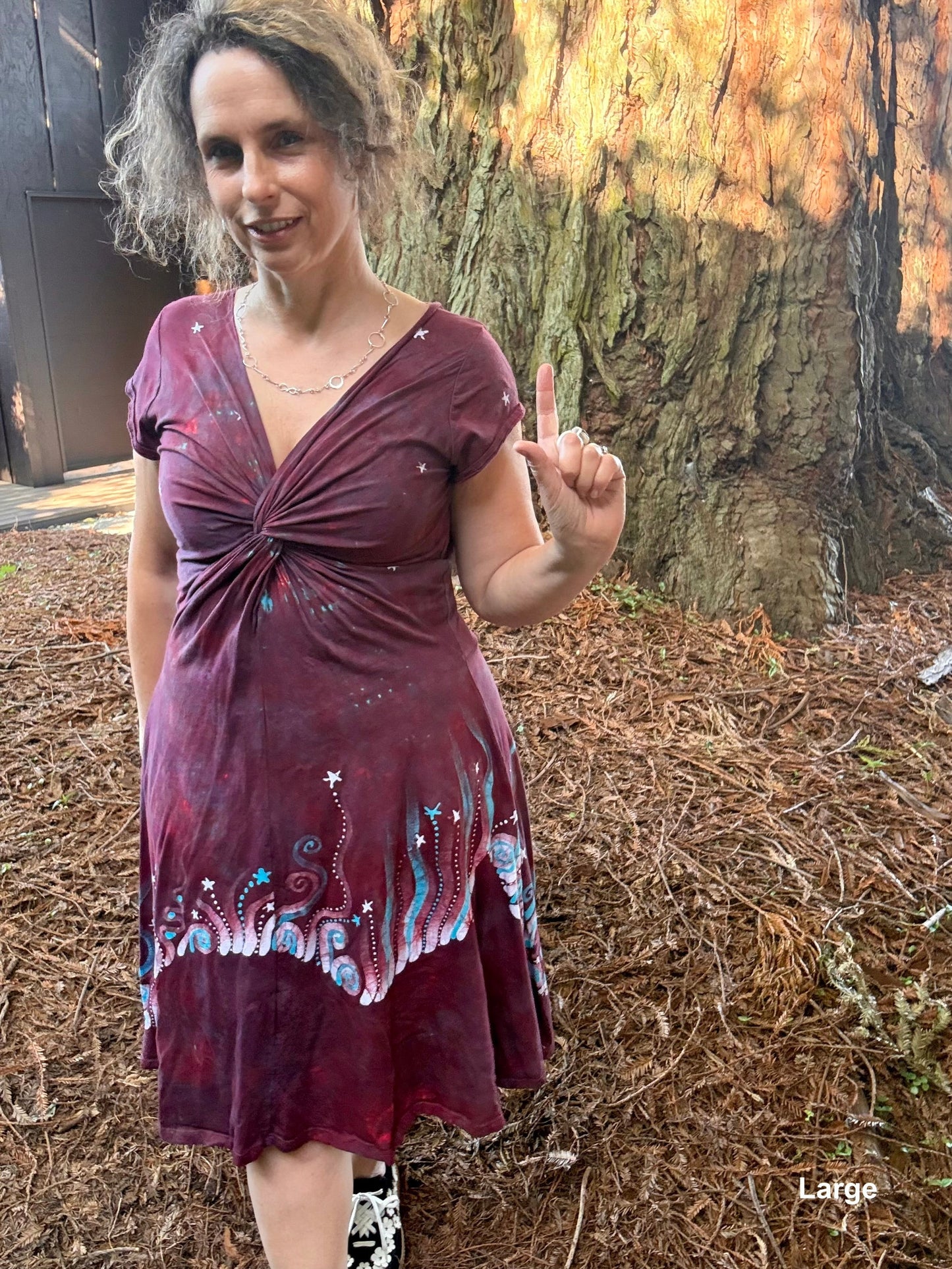 Starlit Currents Twist Front Tee Dress – Handmade Batik Artist Dress Batikwalla by Victoria 
