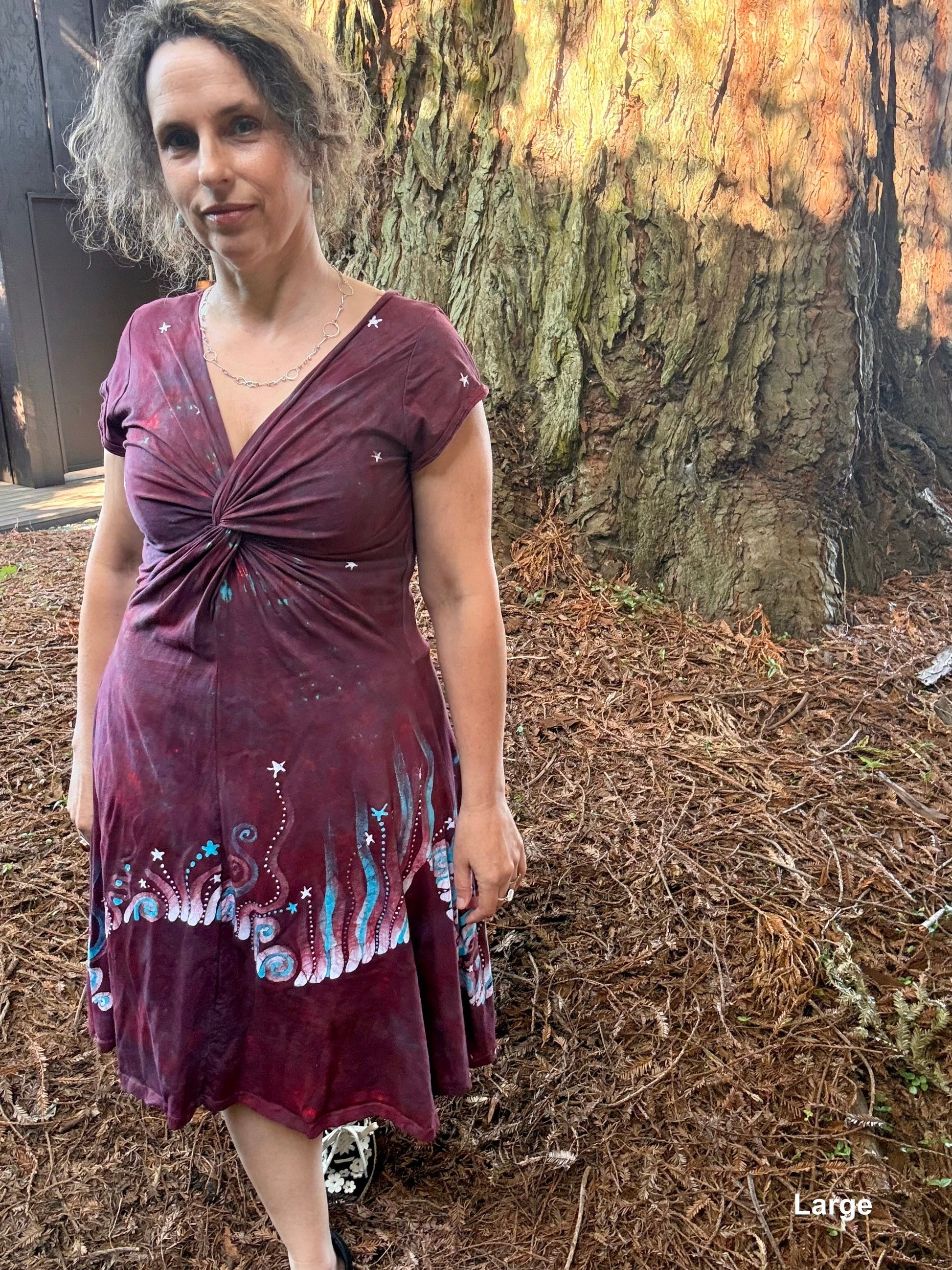 Starlit Currents Twist Front Tee Dress – Handmade Batik Artist Dress Batikwalla by Victoria Large 
