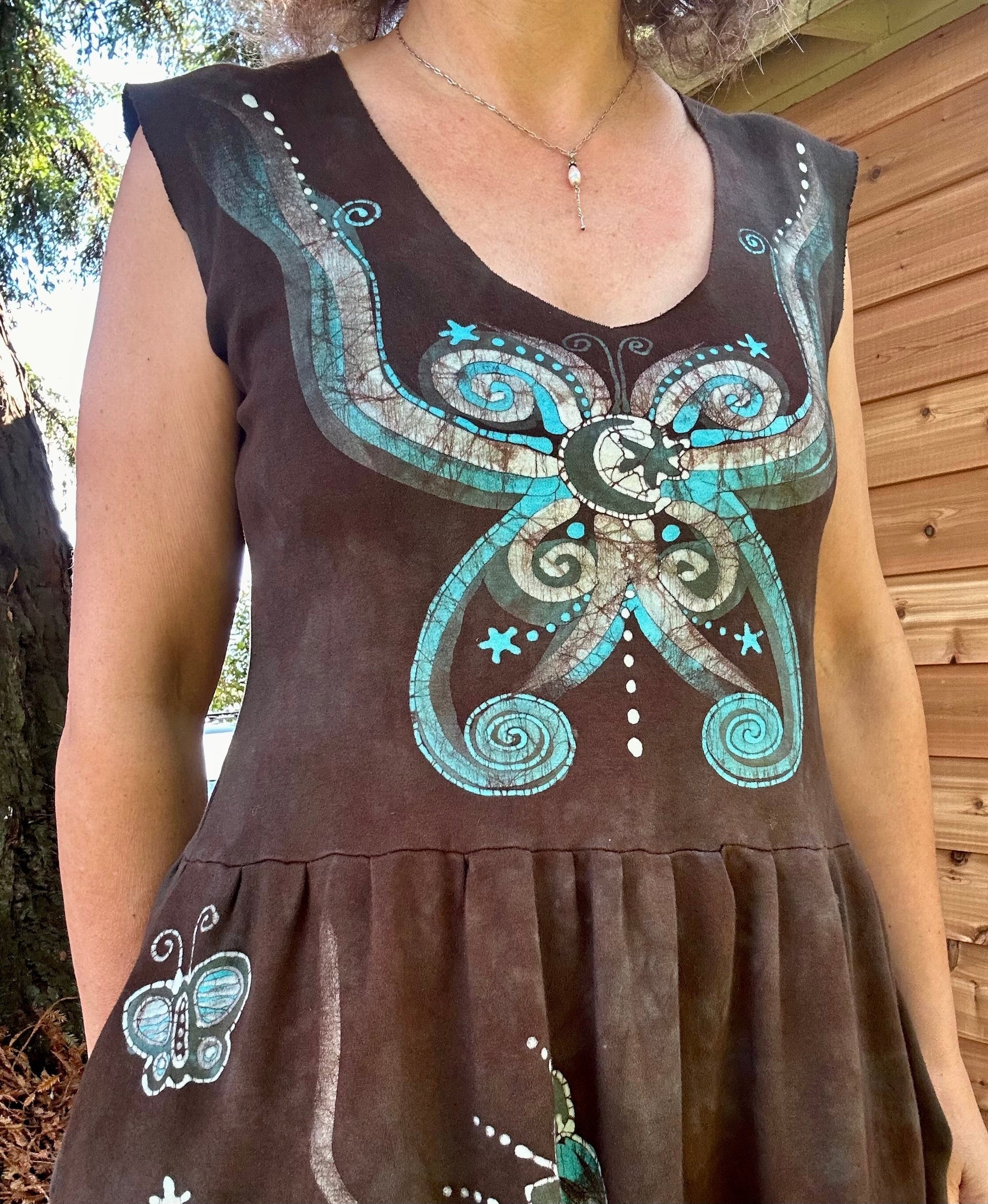 Butterfly & Dragonfly Batik Dress – Layered Earth Tones, Size Medium Batik Dresses Batikwalla 