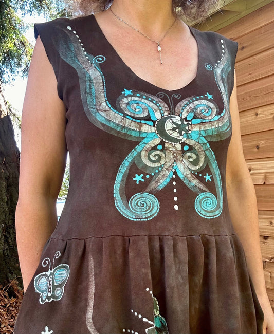 Butterfly & Dragonfly Batik Dress – Layered Earth Tones, Size Medium Batik Dresses Batikwalla 