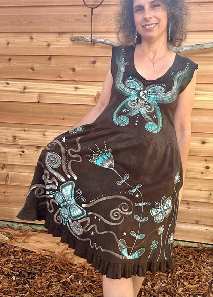 Butterfly & Dragonfly Batik Dress – Layered Earth Tones, Size Medium Batik Dresses Batikwalla Medium 