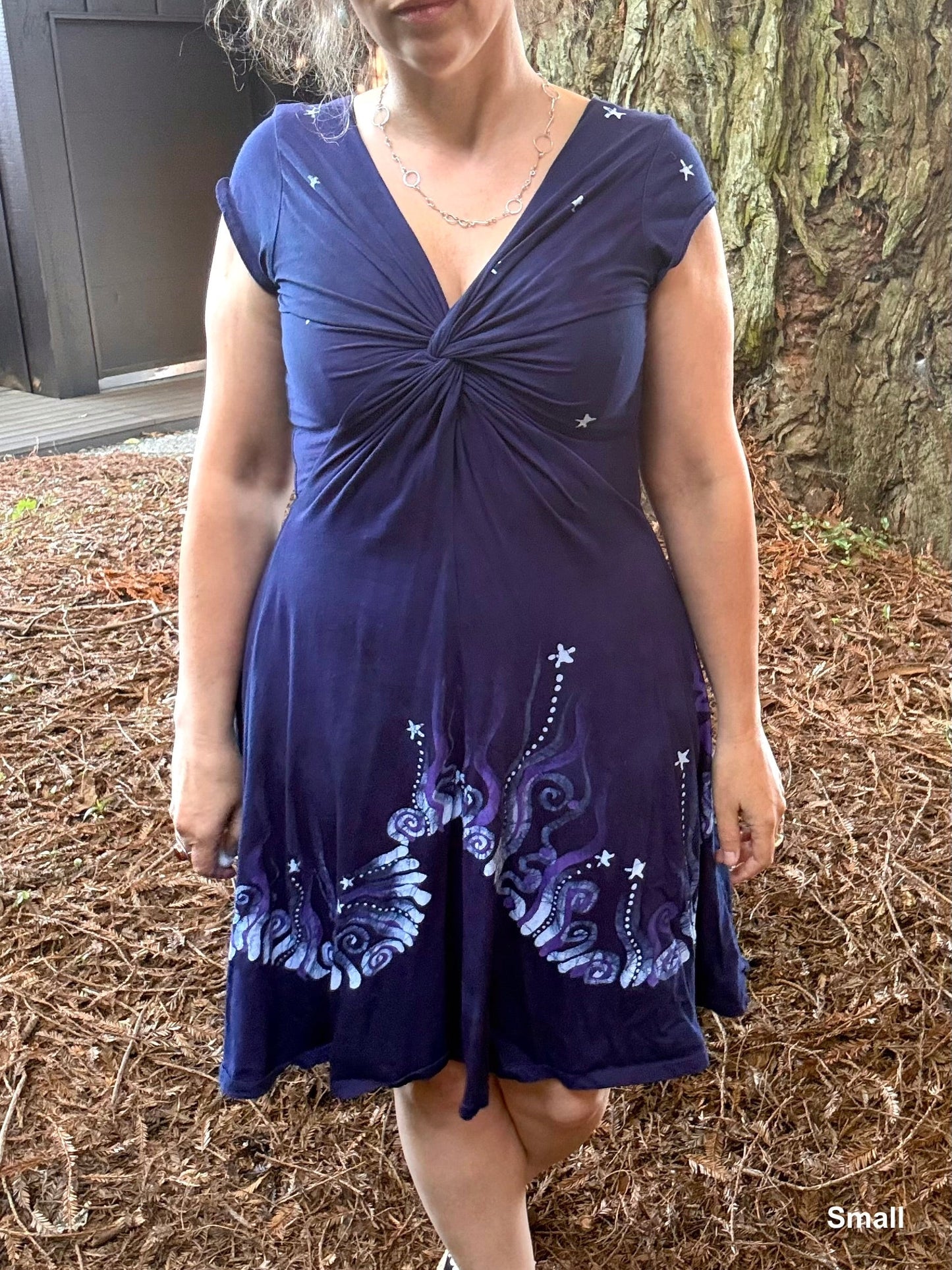 Midnight Currents Twist Front Tee Dress – Handmade Batik Artist Dress Batikwalla by Victoria Small 