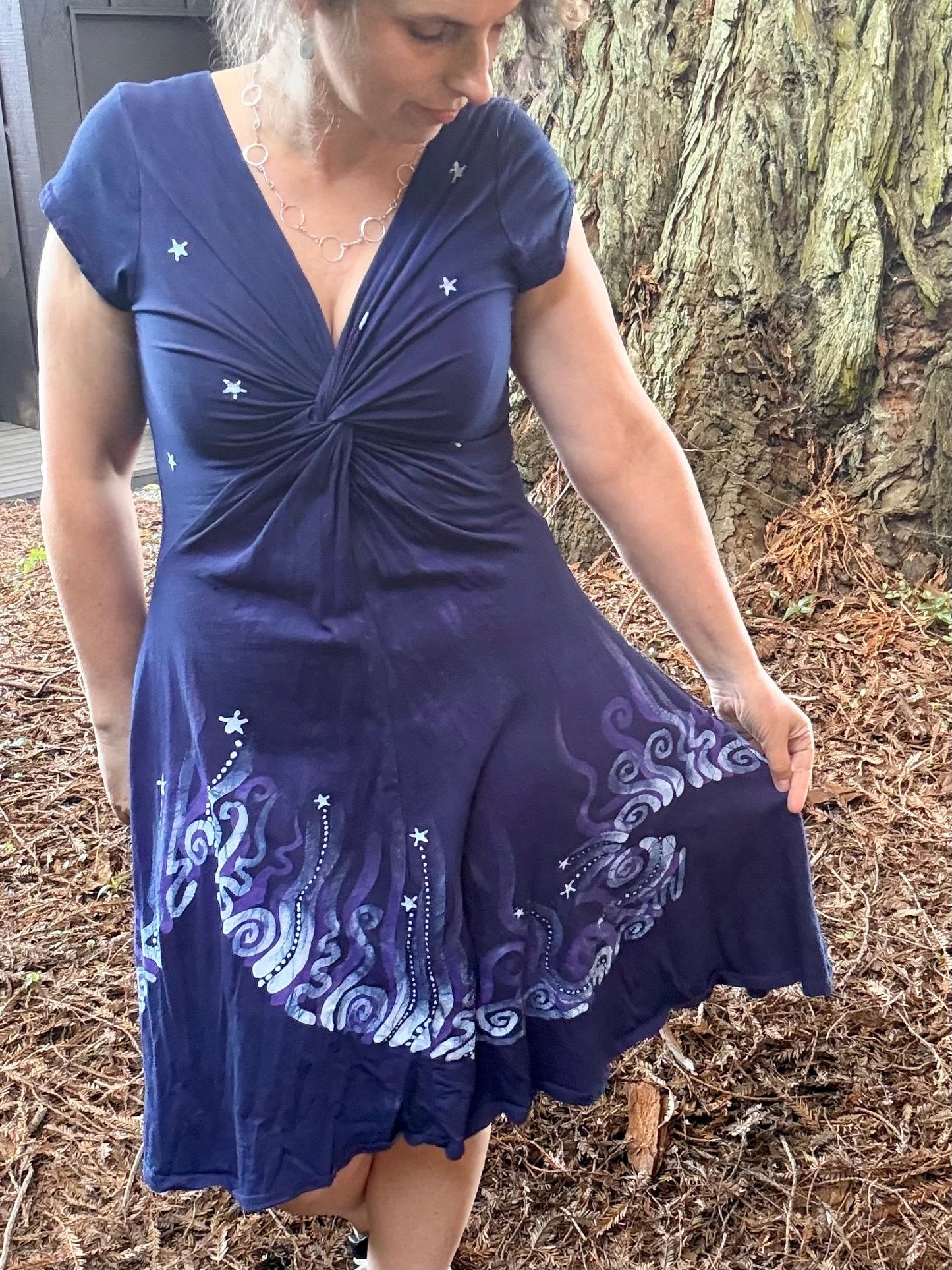 Midnight Currents Twist Front Tee Dress – Handmade Batik Artist Dress Batikwalla by Victoria 