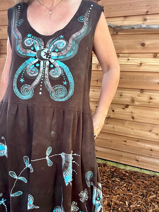 Butterfly & Dragonfly Batik Dress – Earthy Tones, Size Large Batik Dresses Batikwalla Large 