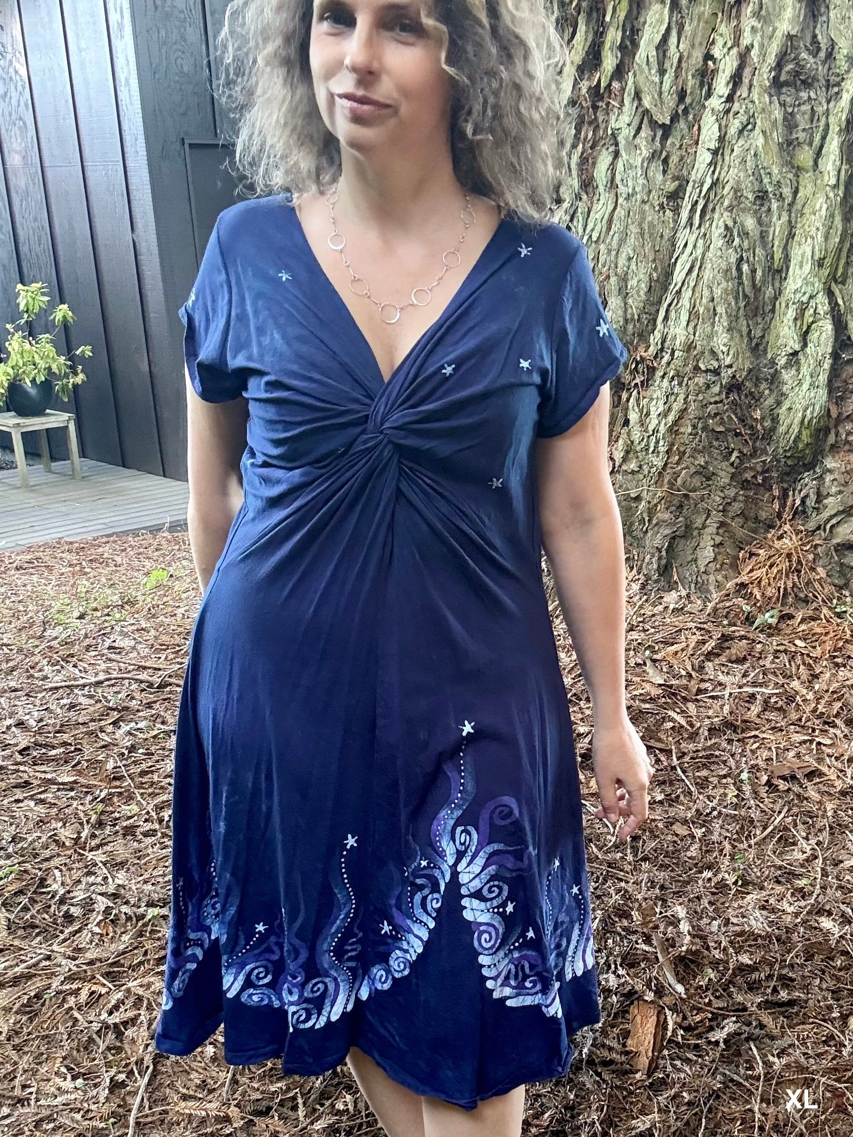 Midnight Currents Twist Front Tee Dress – Handmade Batik Artist Dress XL