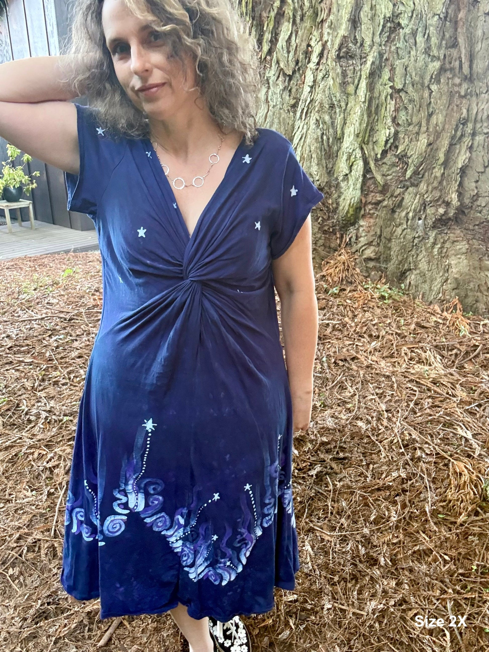 Midnight Currents Twist Front Tee Dress – Handmade Batik Artist Dress Batikwalla by Victoria 2XL 