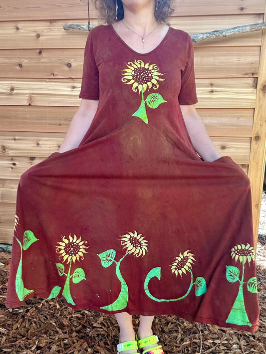 Red Sunflower Batik Dress With Pockets - Size Small Batik Dresses Batikwalla 