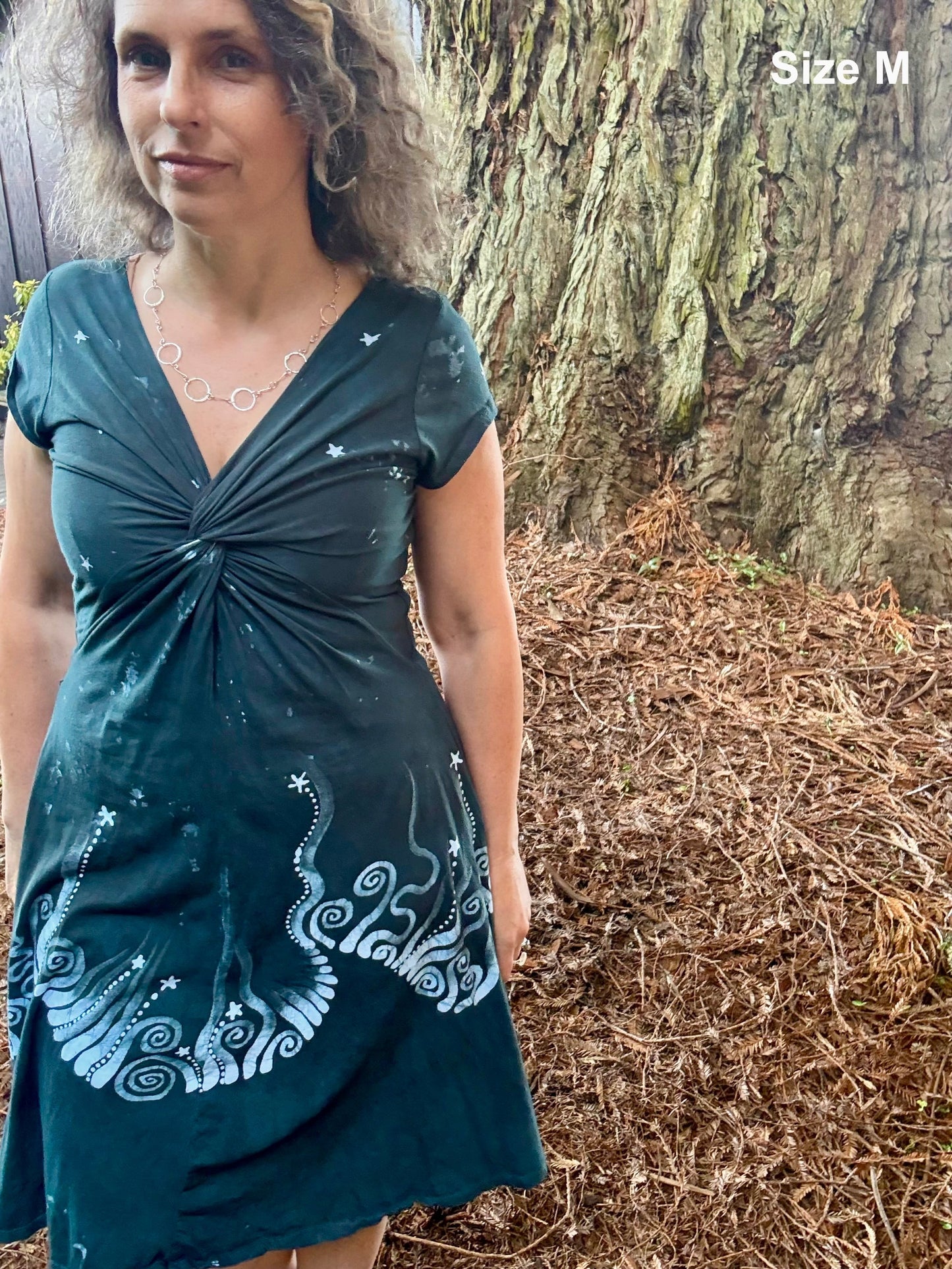 Deep Sea Mist Currents Twist Front Tee Dress – Handmade Batik Artist Dress Batikwalla by Victoria Medium 