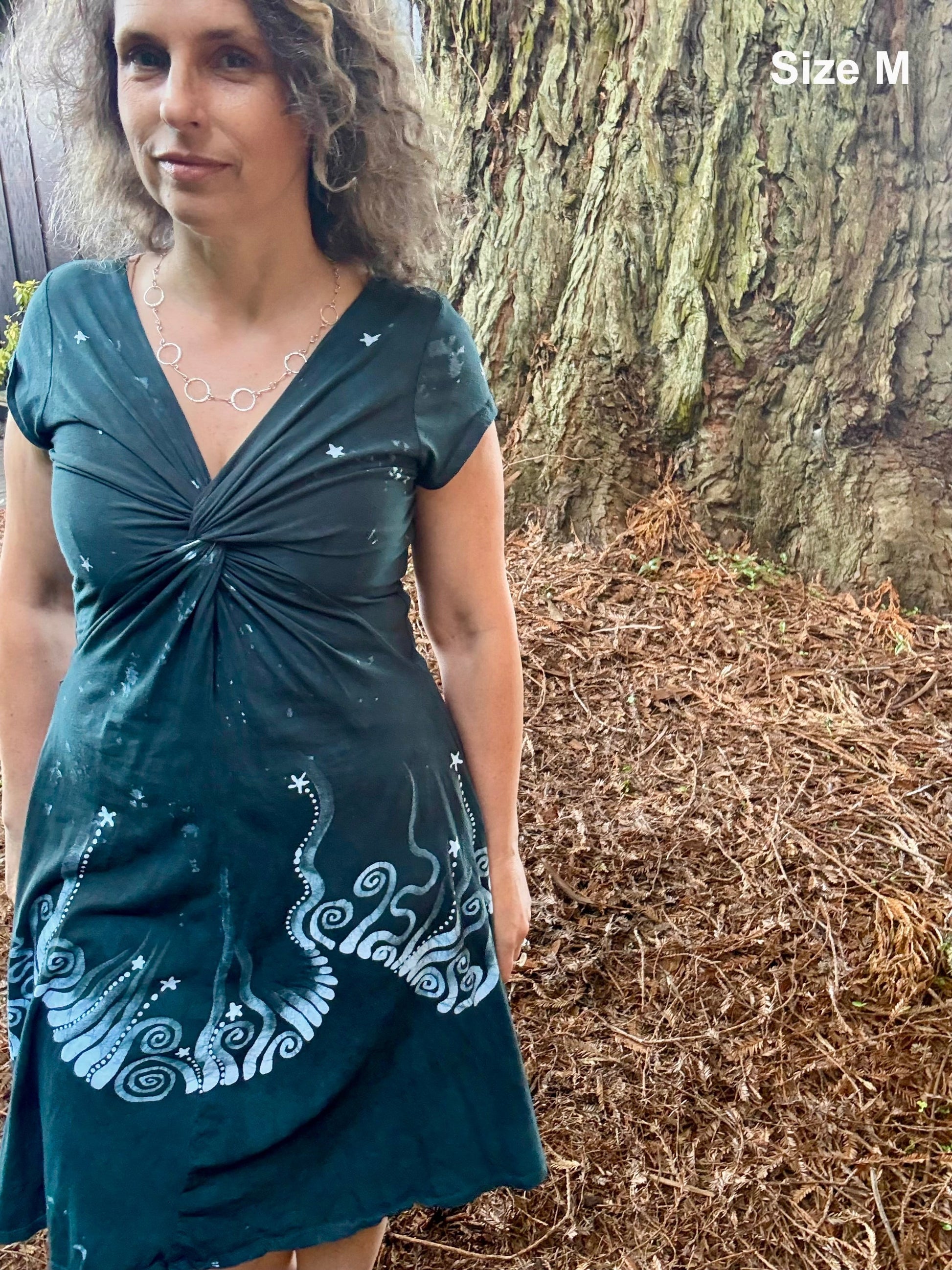 Deep Sea Mist Currents Twist Front Tee Dress – Handmade Batik Artist Dress Batikwalla by Victoria Medium 