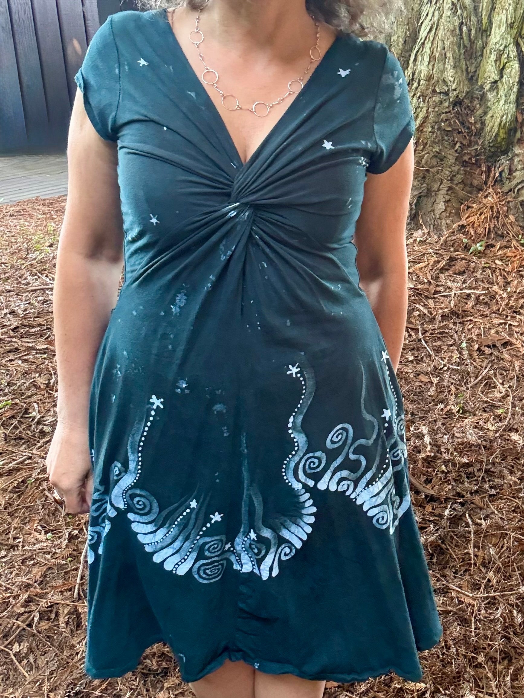 Deep Sea Mist Currents Twist Front Tee Dress – Handmade Batik Artist Dress Batikwalla by Victoria 