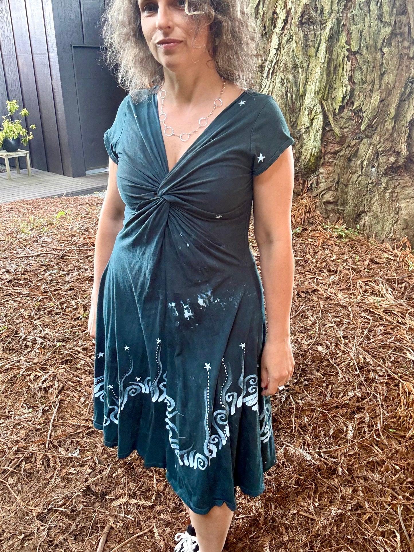Deep Sea Mist Currents Twist Front Tee Dress – Handmade Batik Artist Dress Batikwalla by Victoria 
