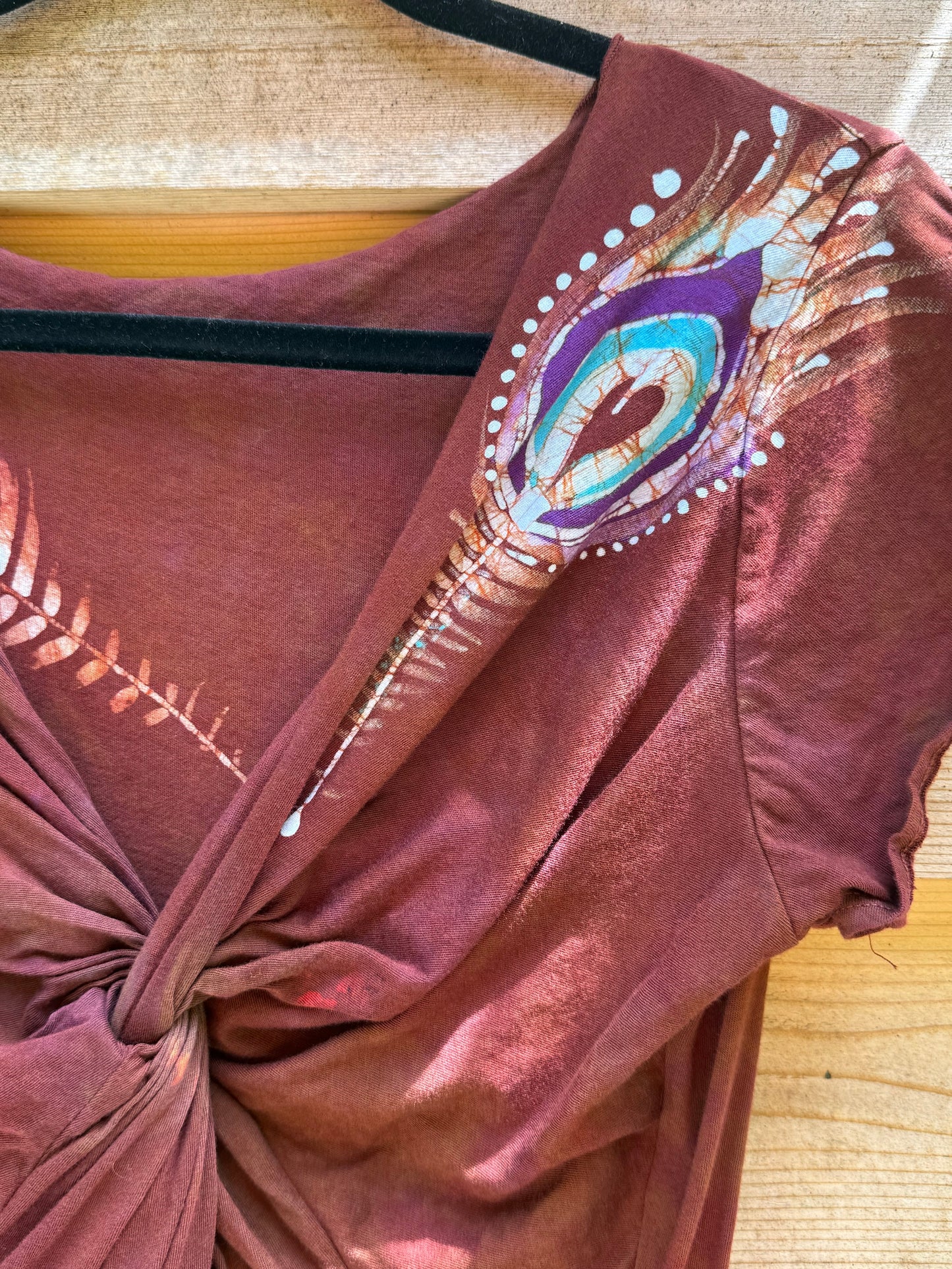 Peacock Twist Front Tee Dress in Red – Handmade Batik Artist Dress Batikwalla by Victoria 