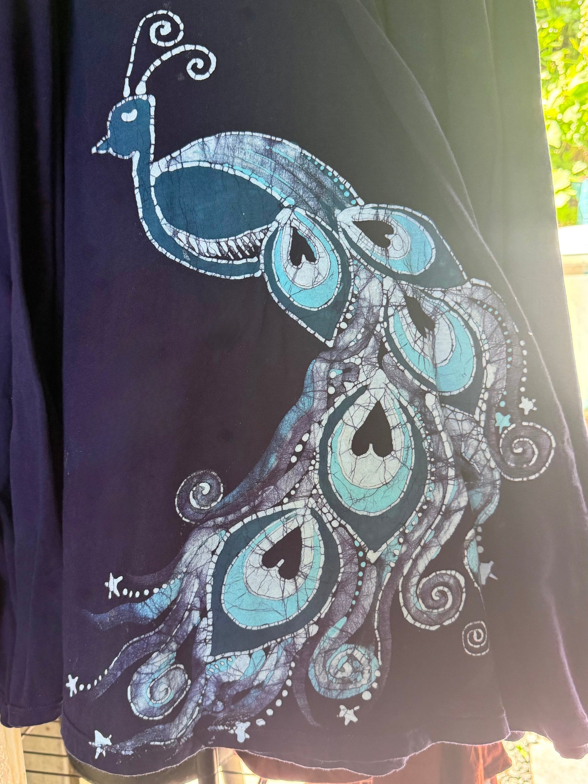 Peacock Twist Front Tee Dress in Dark Blue – Handmade Batik Artist Dress Batikwalla by Victoria 