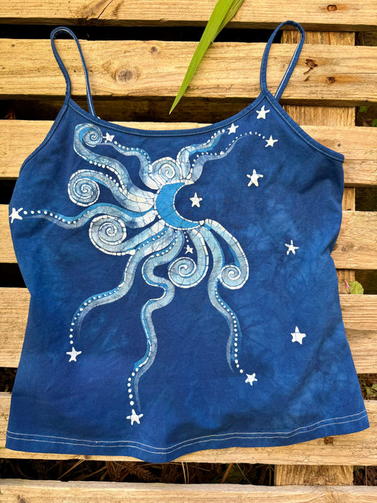 Blue Moon and Stars Hand Painted Batik Tank Top - Plus Sizes