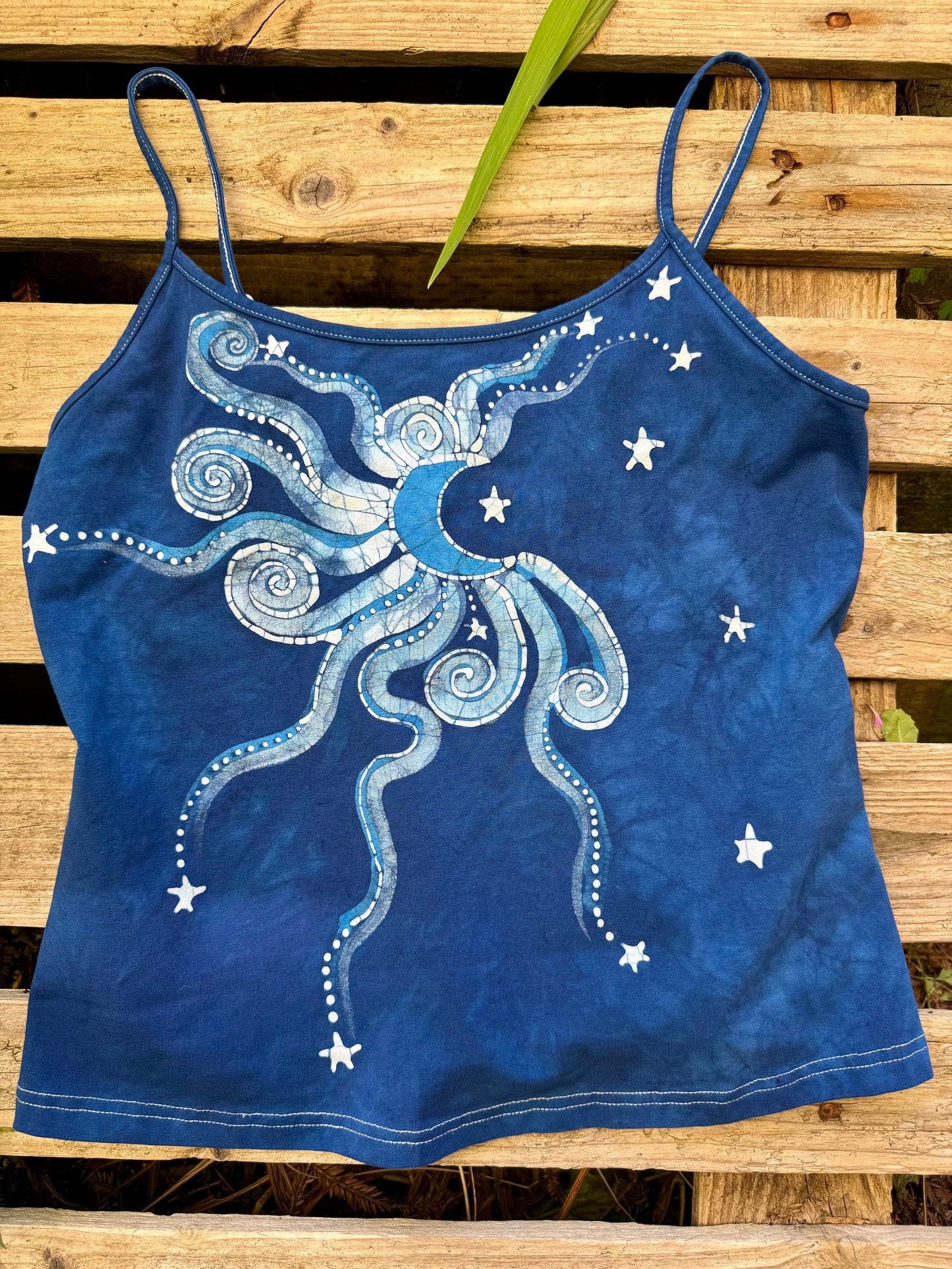 Blue Moon and Stars Hand Painted Batik Tank Top Tops batikwalla 