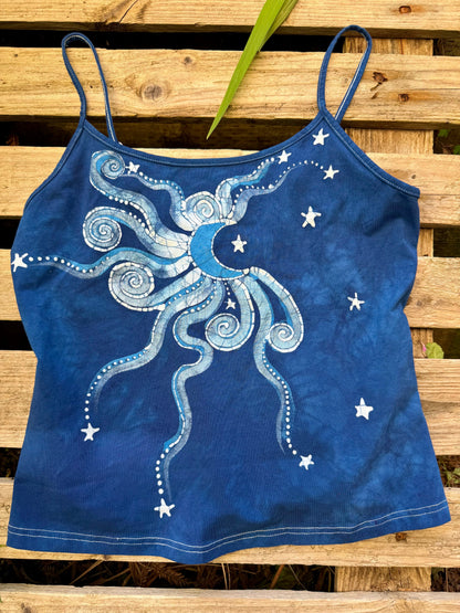 Blue Moon and Stars Hand Painted Batik Tank Top Tops batikwalla 