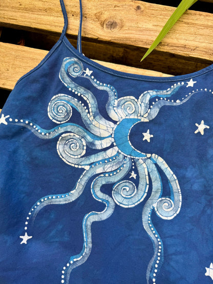 Blue Moon and Stars Hand Painted Batik Tank Top Tops batikwalla 