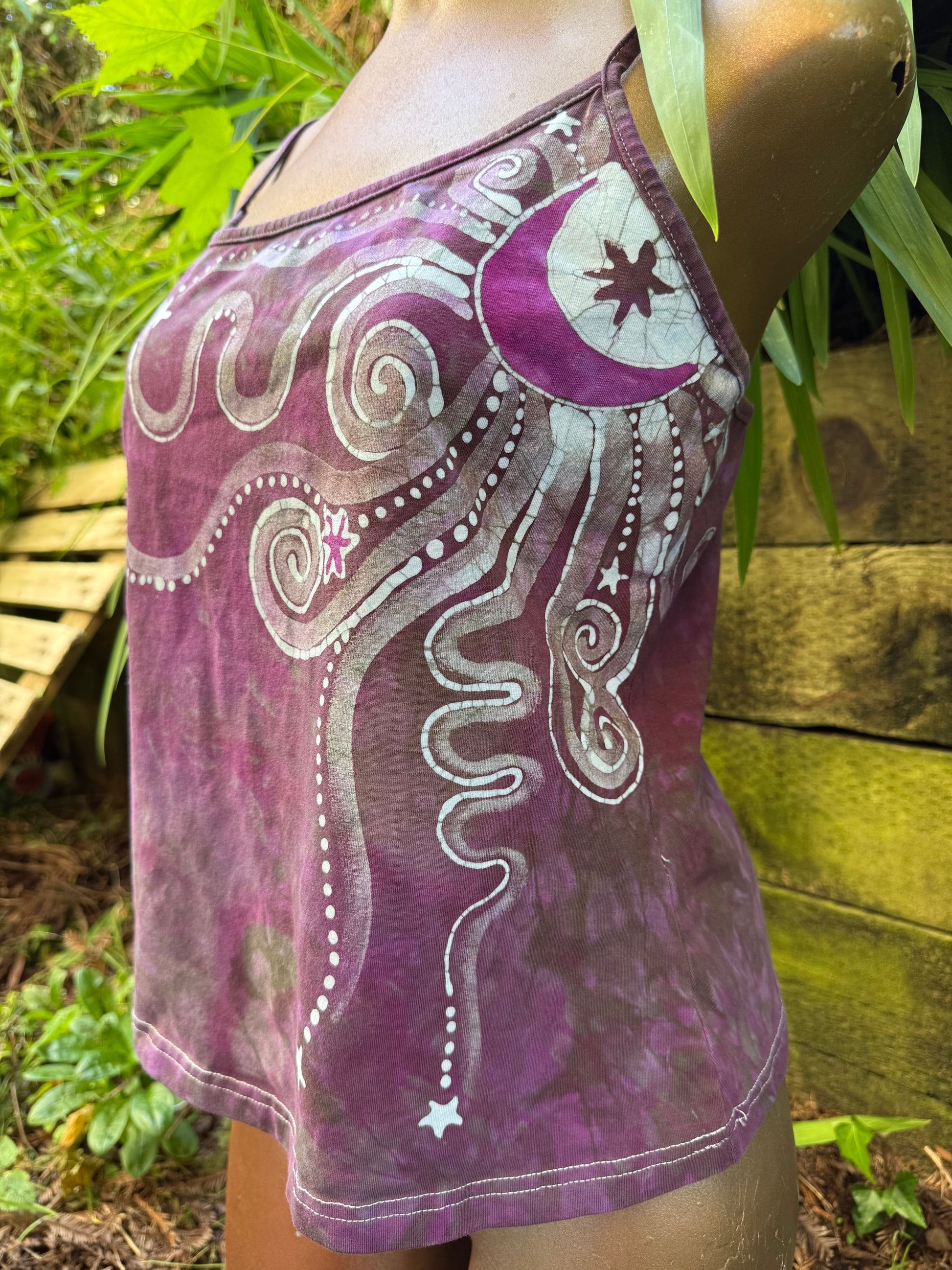 Blossoming Lavender Moon and Stars Hand Painted Batik Tank Top - Plus Sizes Tops batikwalla 