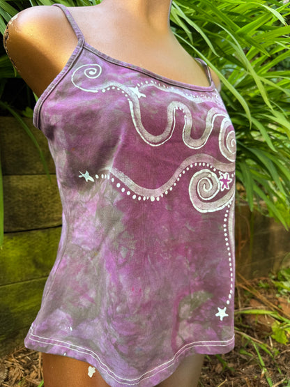 Blossoming Lavender Moon and Stars Hand Painted Batik Tank Top - Plus Sizes Tops batikwalla 