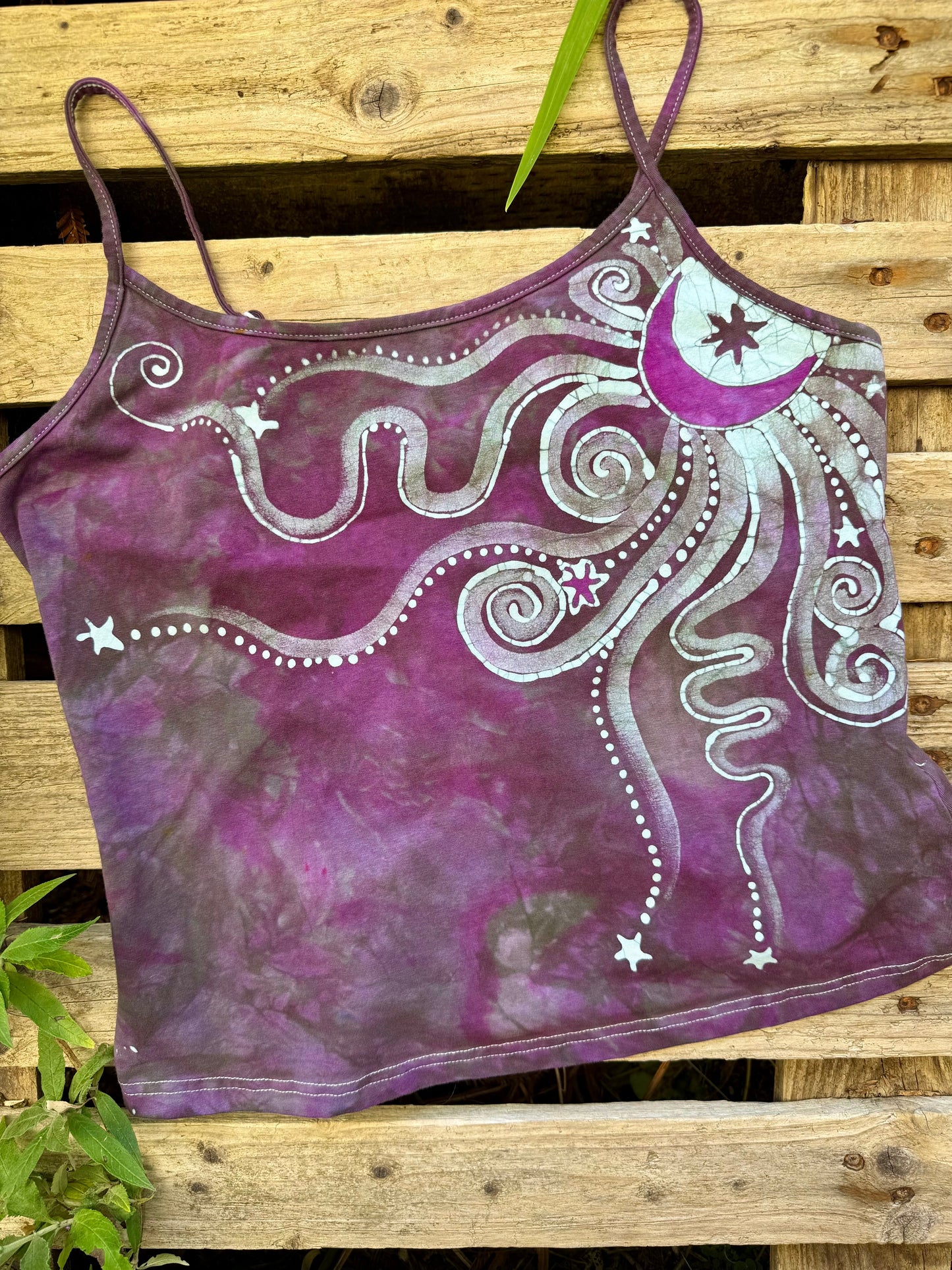 Blossoming Lavender Moon and Stars Hand Painted Batik Tank Top - Plus Sizes Tops batikwalla XL 