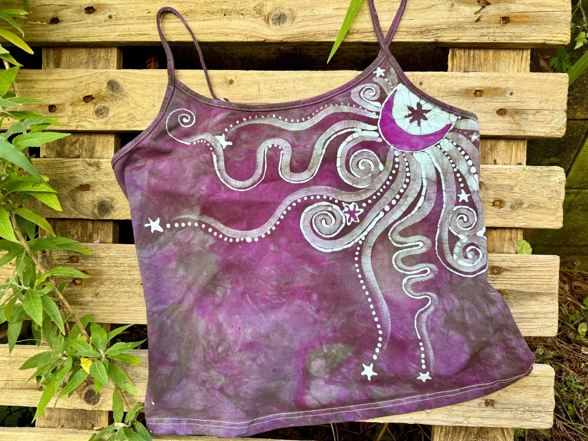 Blossoming Lavender Moon and Stars Hand Painted Batik Tank Top - Plus Sizes Tops batikwalla 2X 