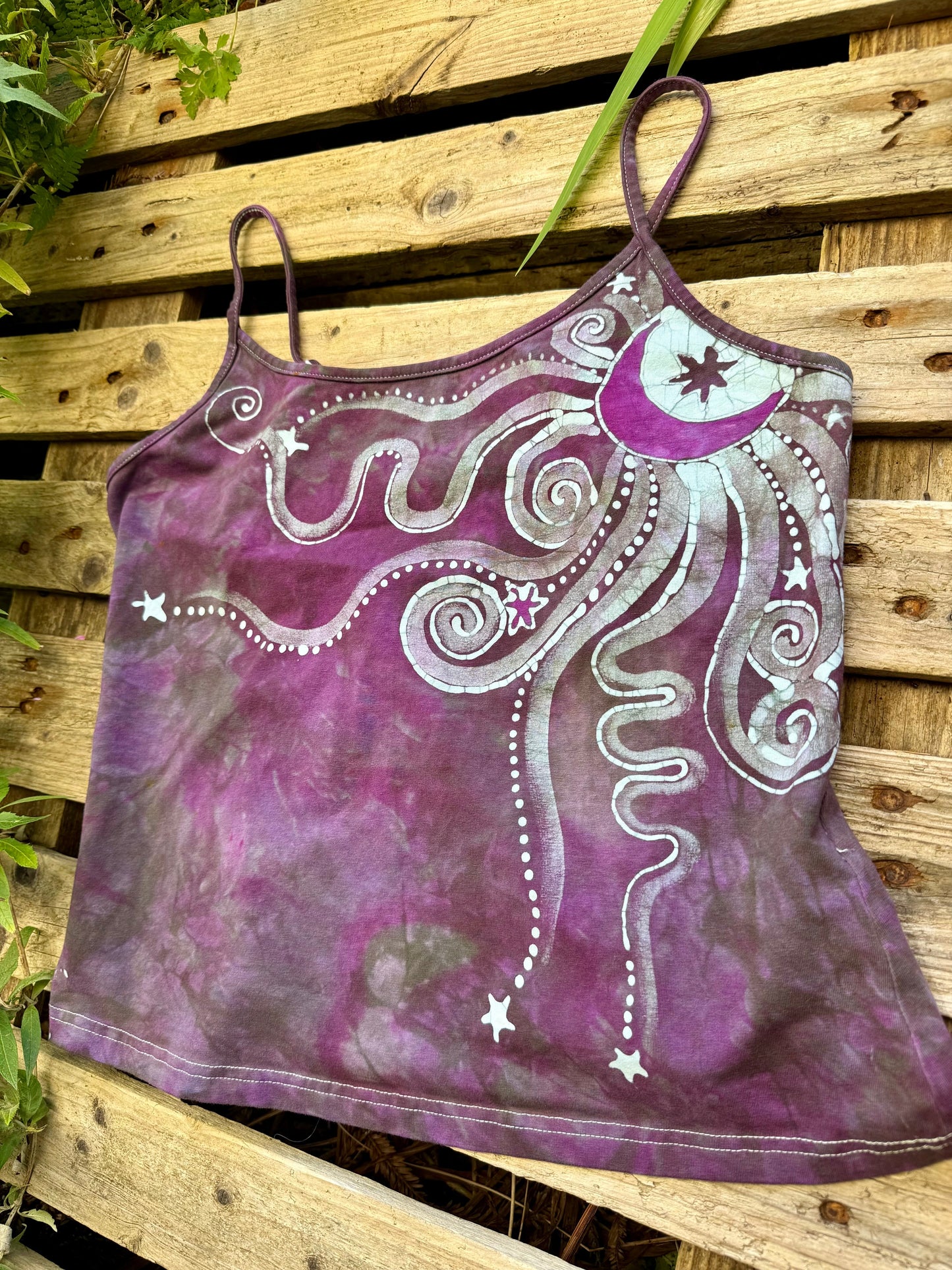 Blossoming Lavender Moon and Stars Hand Painted Batik Tank Top - Plus Sizes Tops batikwalla 3X 