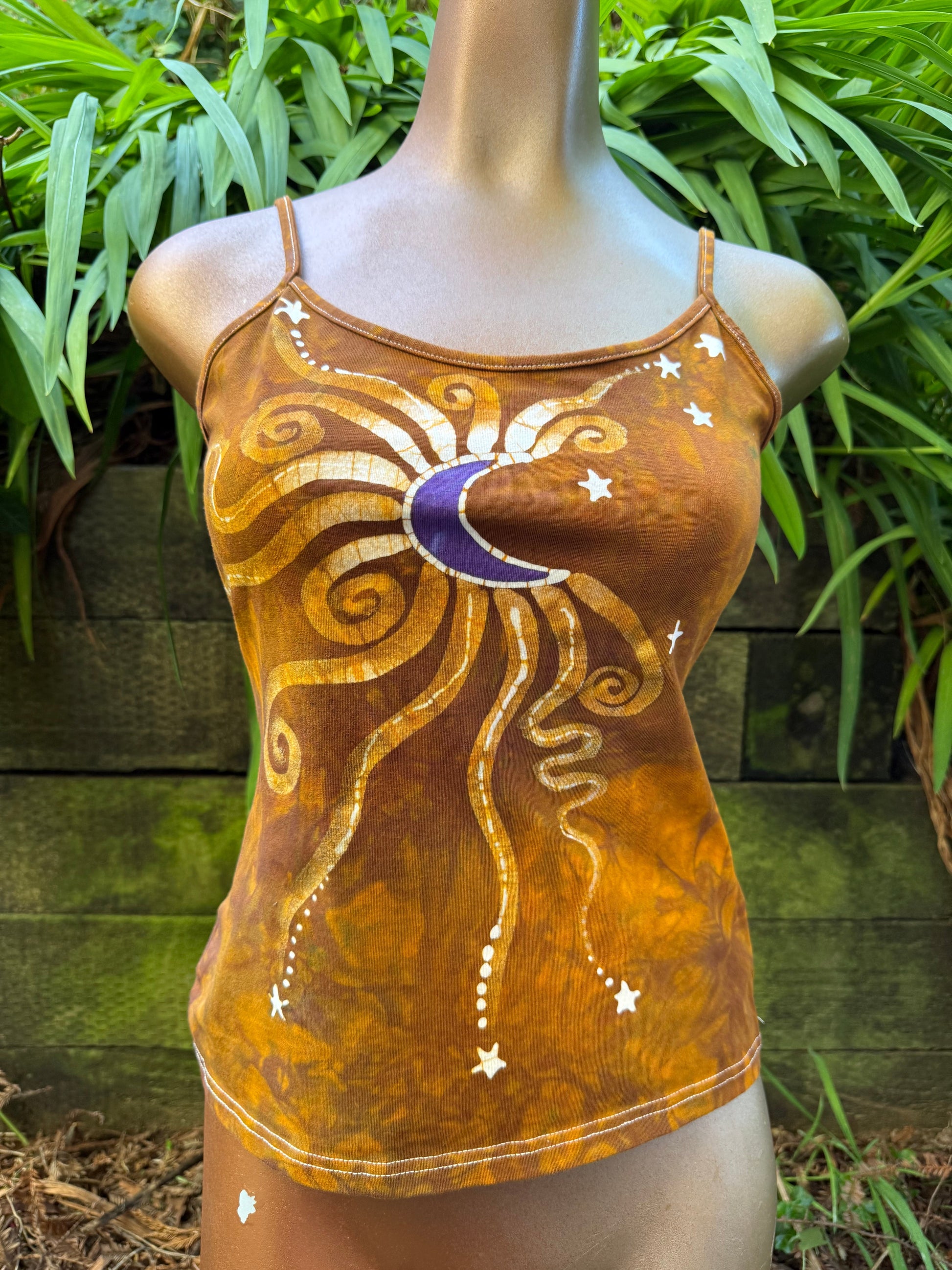 Deep Gold and Purple Moon Stars Hand Painted Batik Tank Top Tops batikwalla 