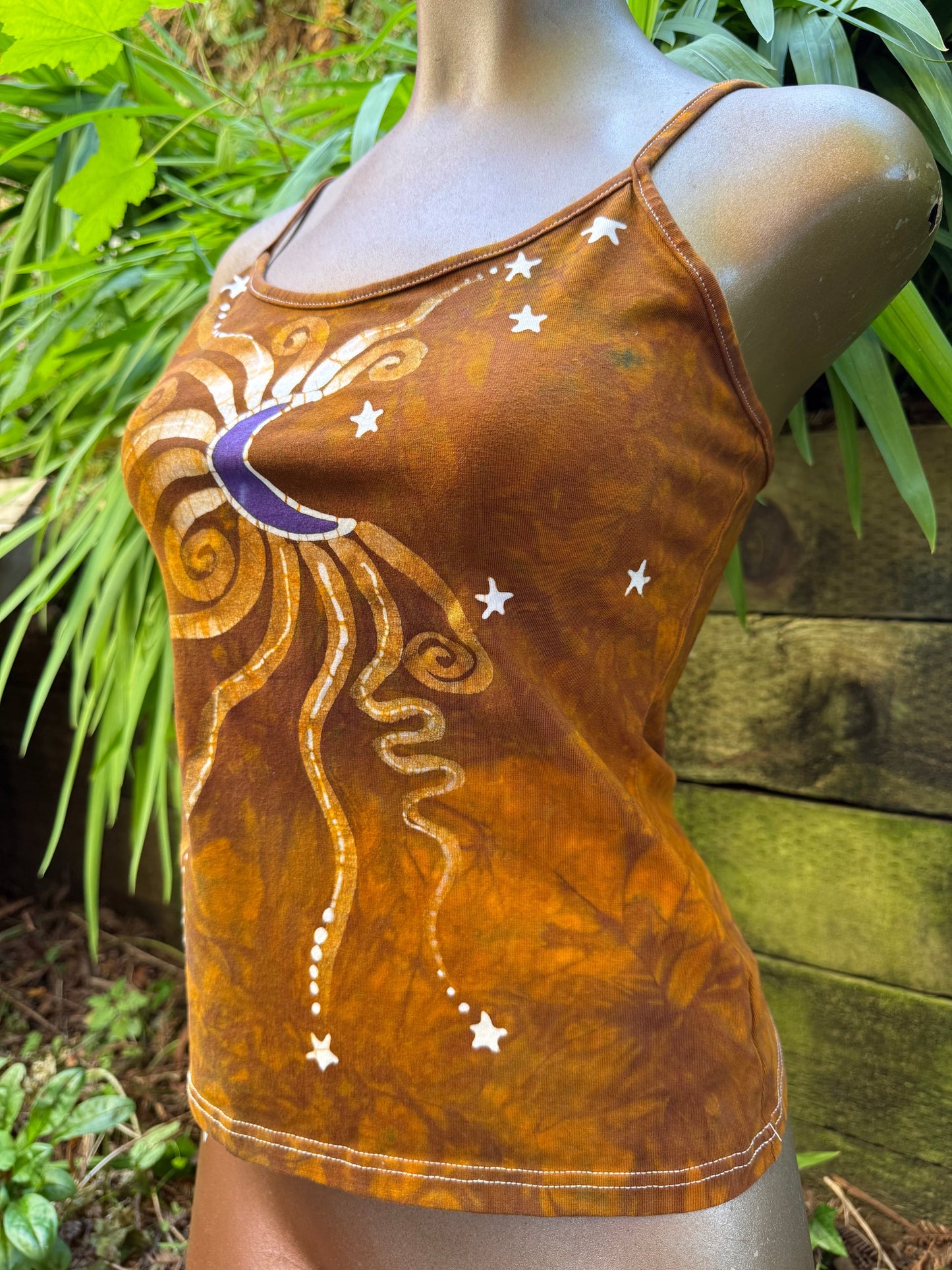 Deep Gold and Purple Moon Stars Hand Painted Batik Tank Top Tops batikwalla 