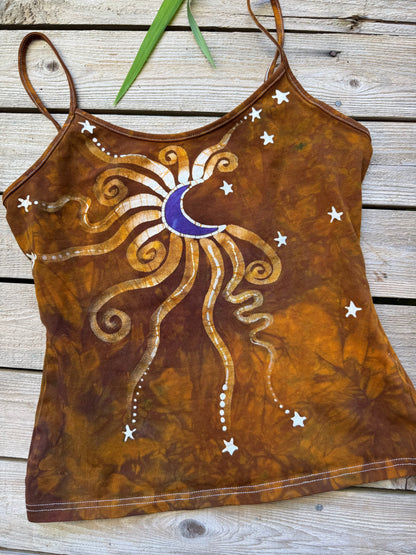 Deep Gold and Purple Moon Stars Hand Painted Batik Tank Top Tops batikwalla Medium 