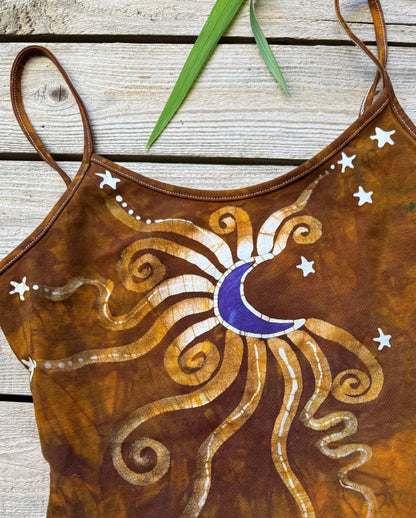 Deep Gold and Purple Moon Stars Hand Painted Batik Tank Top Tops batikwalla Large 