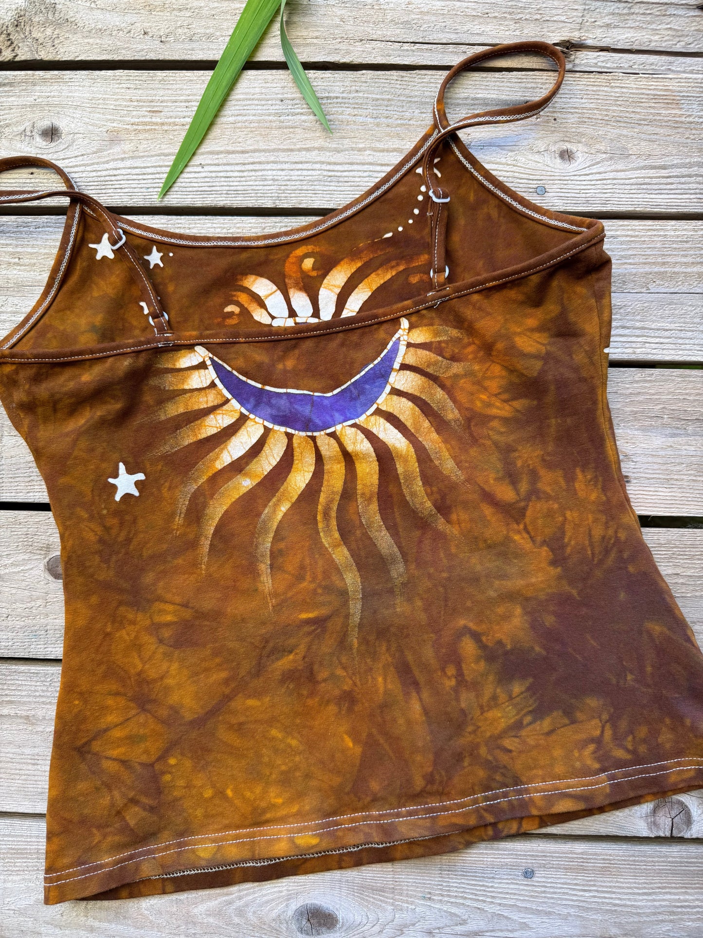 Deep Gold and Purple Moon Stars Hand Painted Batik Tank Top Tops batikwalla 