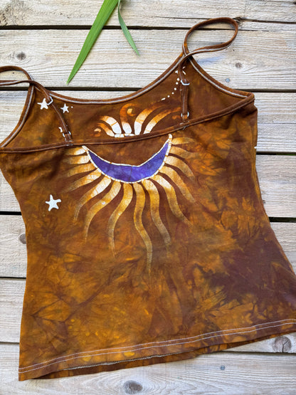 Deep Gold and Purple Moon Stars Hand Painted Batik Tank Top Tops batikwalla 