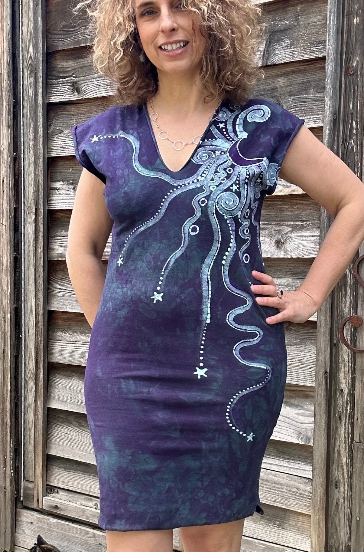 Teal Stars and Purple Moon Stretchy Hemp Tube Dress Batik Dresses Batikwalla 