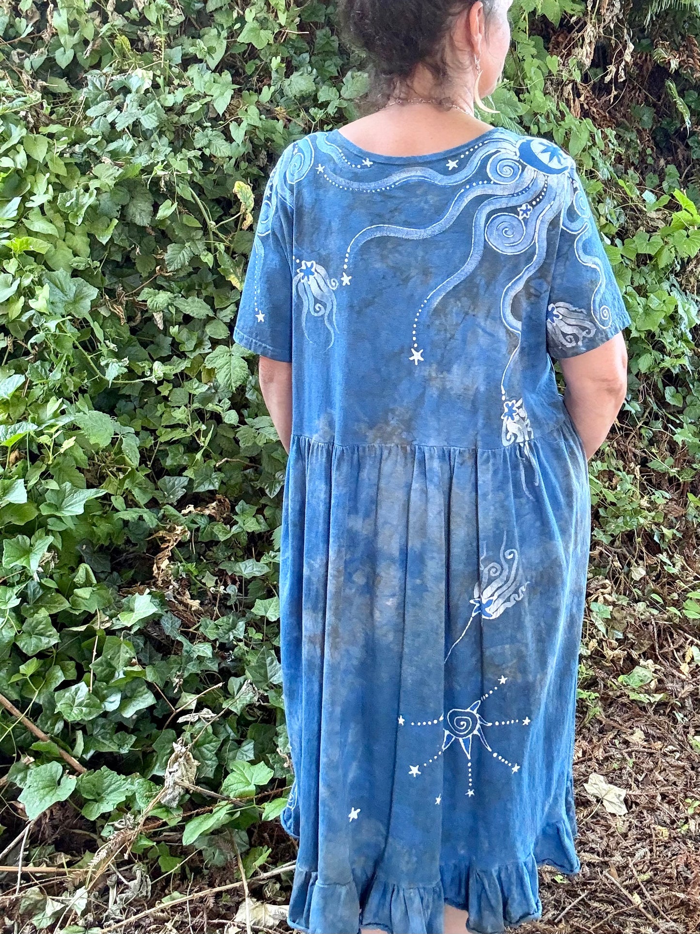 Blueberry Chocolate Moonbeams and Stars – Handmade Batik Dress with Pockets - Size 2X