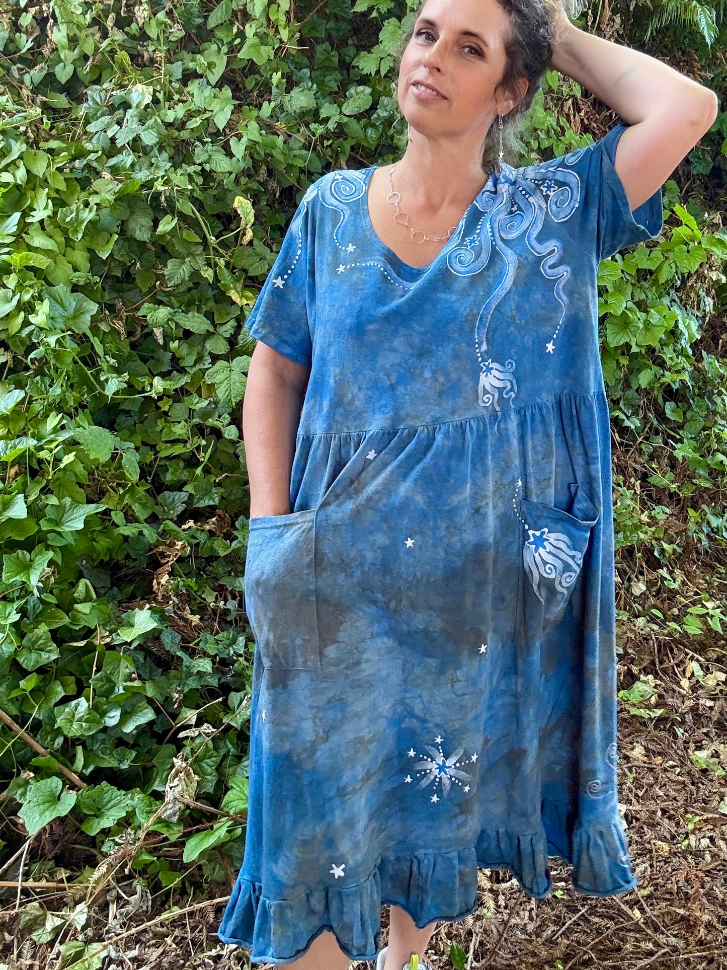 Blueberry Chocolate Moonbeams and Stars – Handmade Batik Dress with Pockets - Size 2X