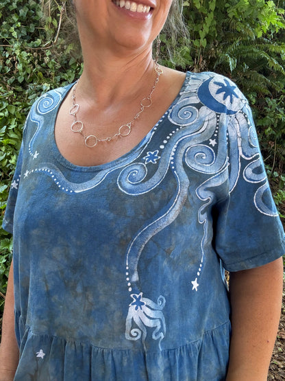Blueberry Chocolate Moonbeams and Stars – Handmade Batik Dress with Pockets - Size 2X