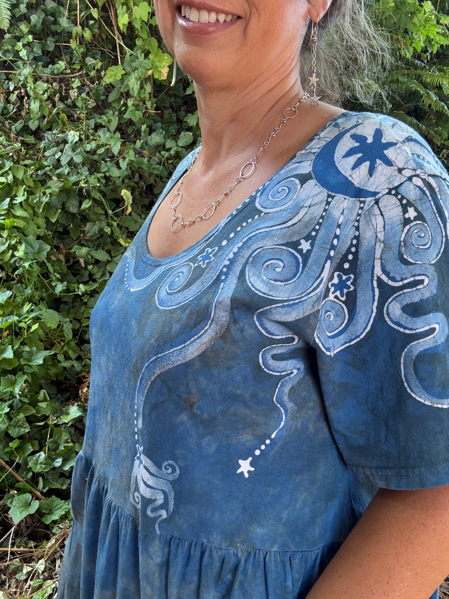 Blueberry Chocolate Moonbeams and Stars – Handmade Batik Dress with Pockets - Size 2X