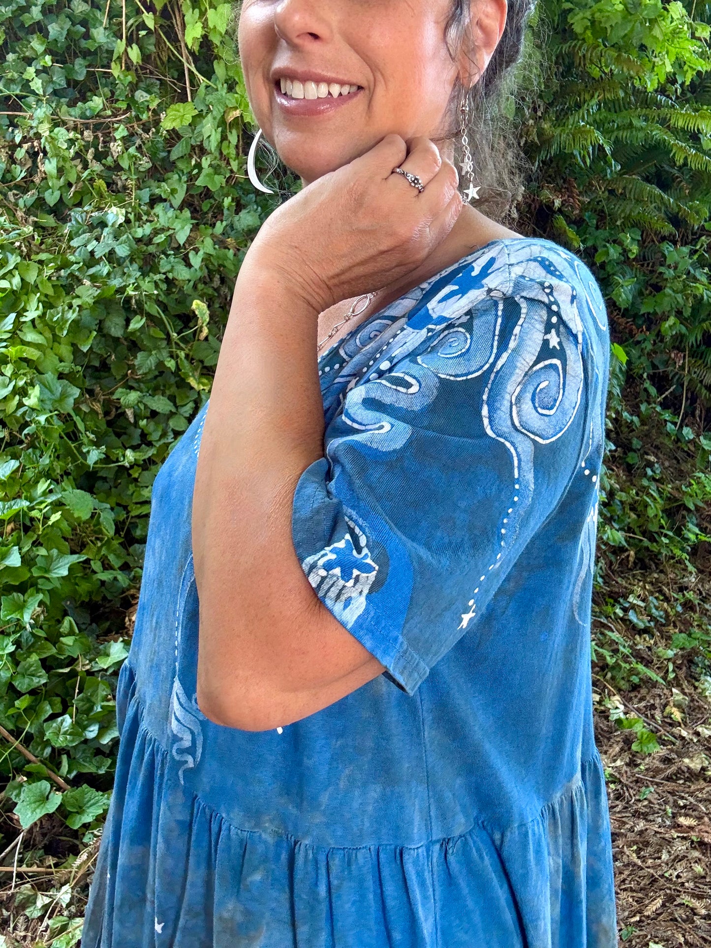 Blueberry Chocolate Moonbeams and Stars – Handmade Batik Dress with Pockets - Size 2X