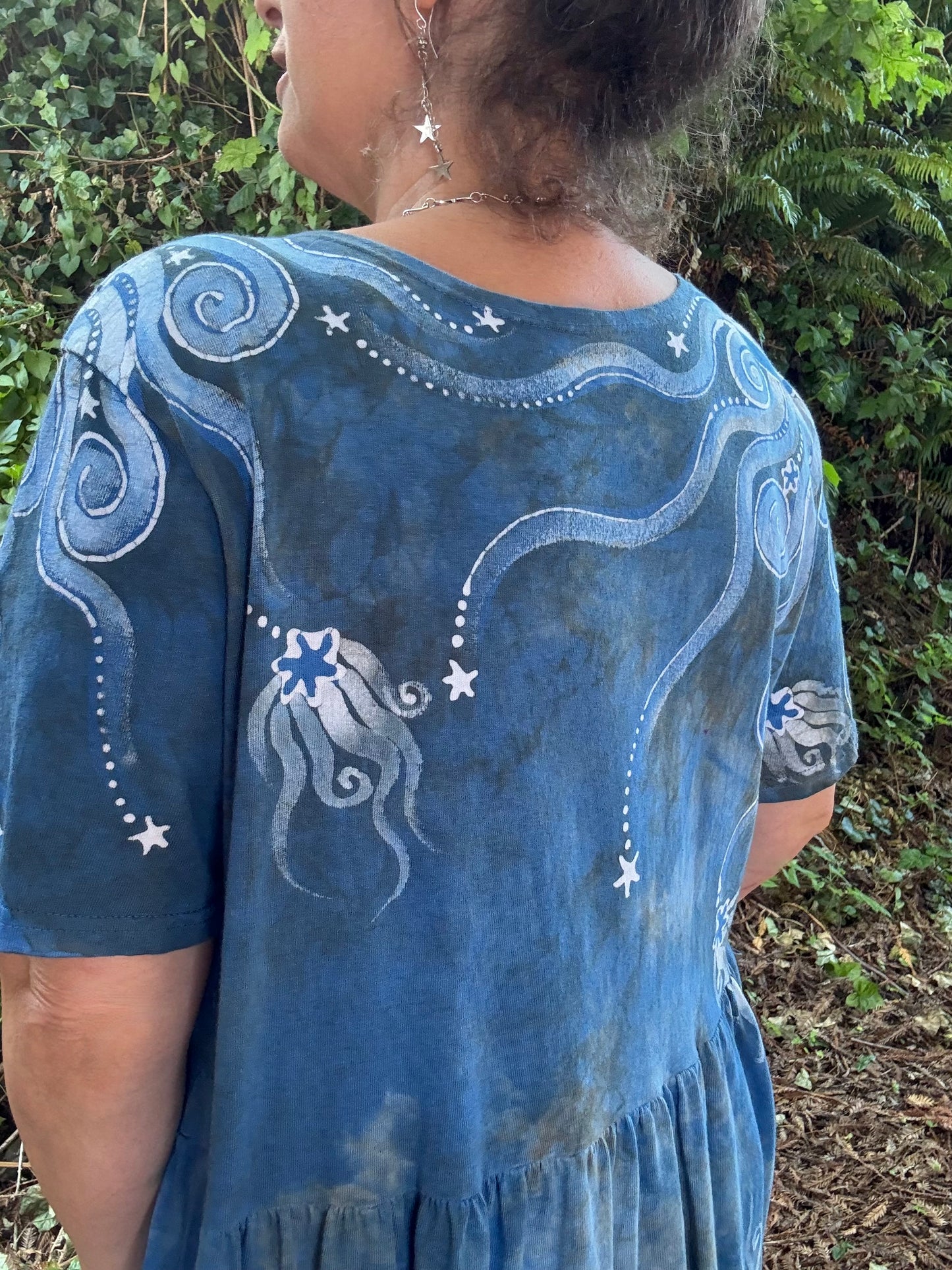Blueberry Chocolate Moonbeams and Stars – Handmade Batik Dress with Pockets - Size 2X