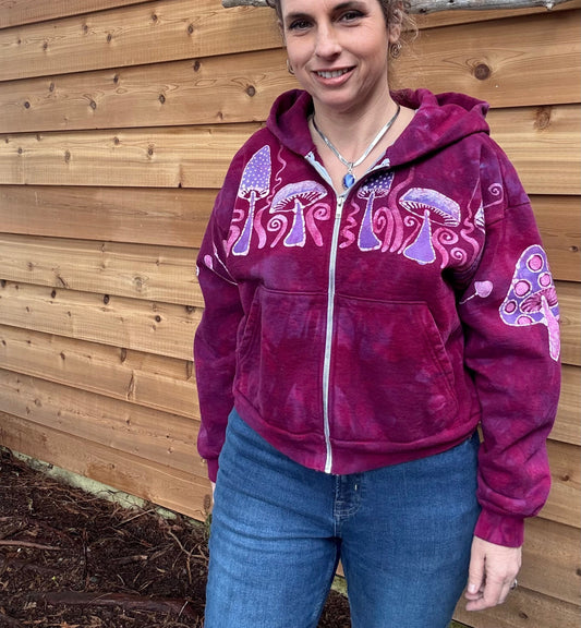 Cranberry Mushroom Swirl Hoodie – Handcrafted Batik Zip-Up in Hot Pink & Purple Batikwalla by Victoria M/L 