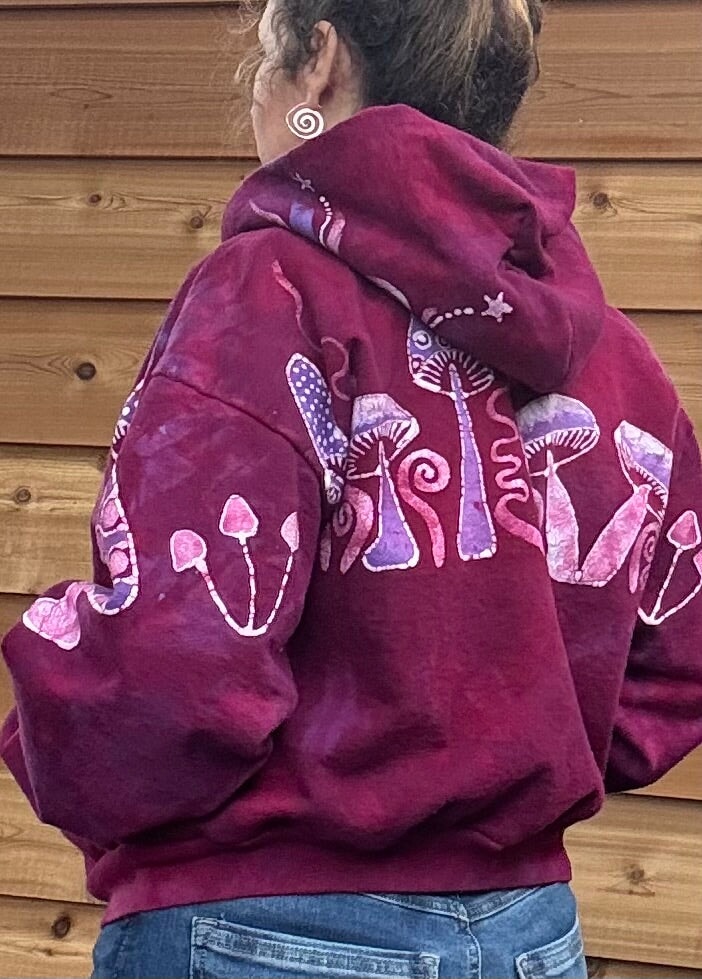 Berry Bright Mushroom Swirl Hoodie – Handcrafted Batik Zip-Up in Hot Pink & Purple Batikwalla by Victoria M/L 