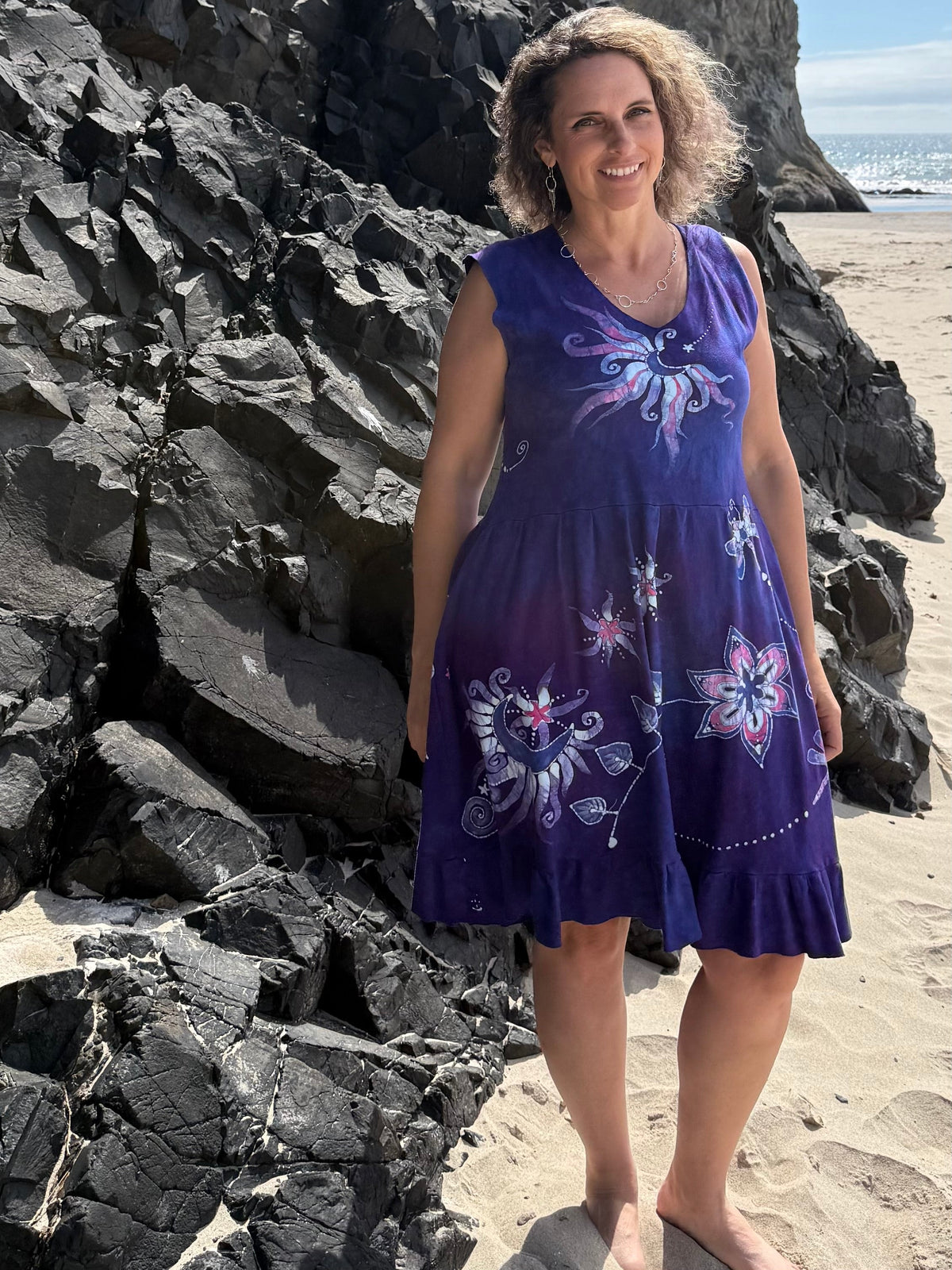 Rainbows and Dragonfly Purple Batik Dress With Pockets - Handmade in size XL Batik Dresses Batikwalla 