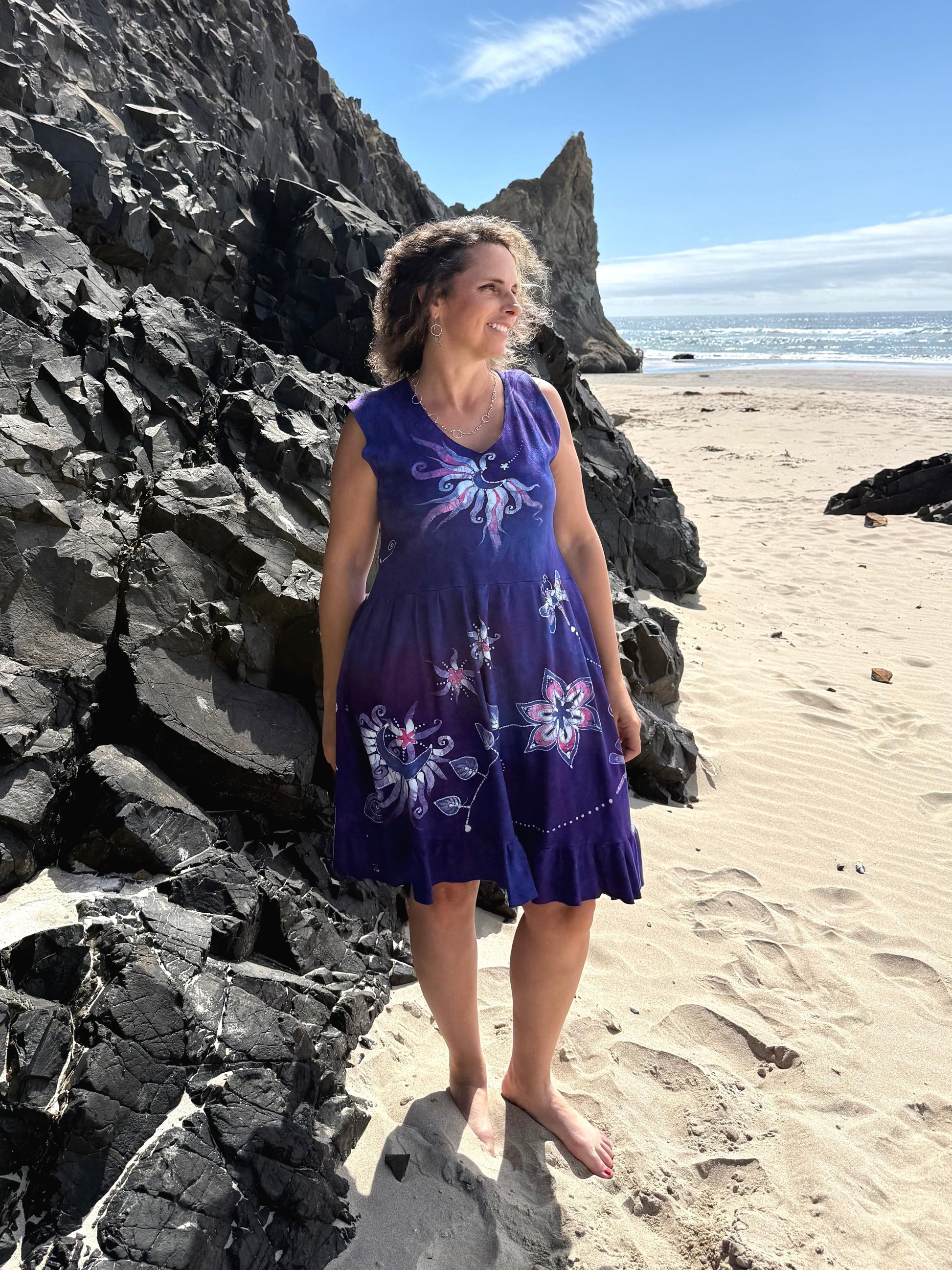 Rainbows and Dragonfly Purple Batik Dress - Handmade in Size Medium Batik Dresses Batikwalla 