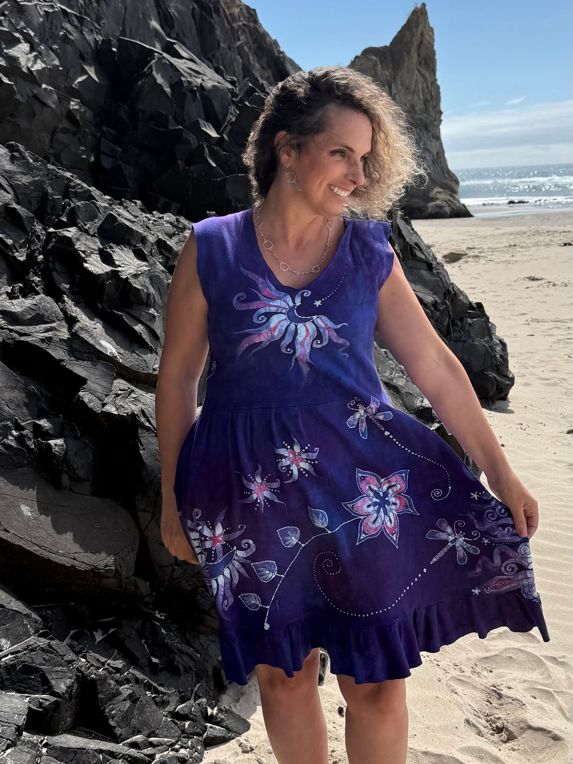 Rainbows and Dragonfly Purple Batik Dress With Pockets - Handmade in size XL Batik Dresses Batikwalla 