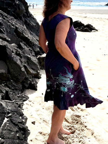 Galaxy Flower Purple Batik Dress - Handmade in Size Medium Batik Dresses Batikwalla 
